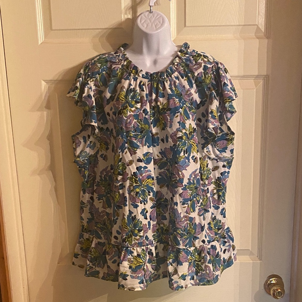 Women’s Floral Ruffle Sleeve Camisole - White with Blue & Green Print